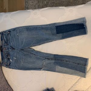 two tone patch jeans with rips